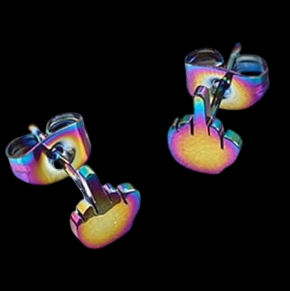 Metallic AB Rainbow Middle Finger Mini Hand Earrings Humor Statement Studs Punk - Picture 8 of 10